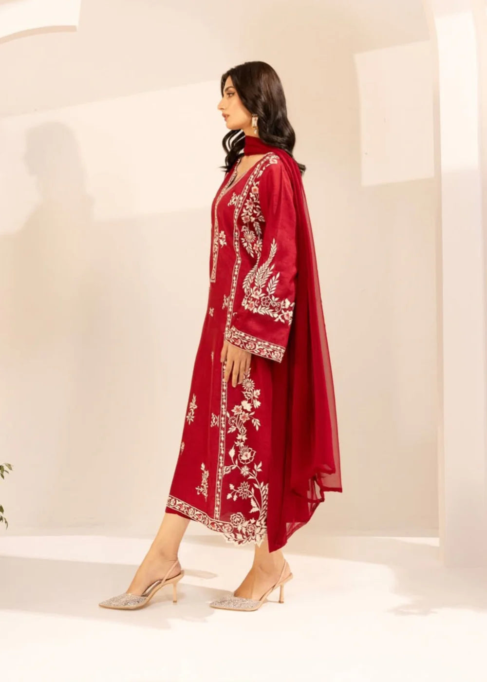 Women’s Red Embroidered Cotton Kurta Set with Straight Trouser