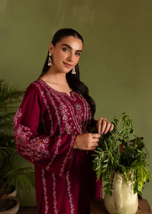 Rose Red Embroidered 2-Piece Cotton Kurta Set