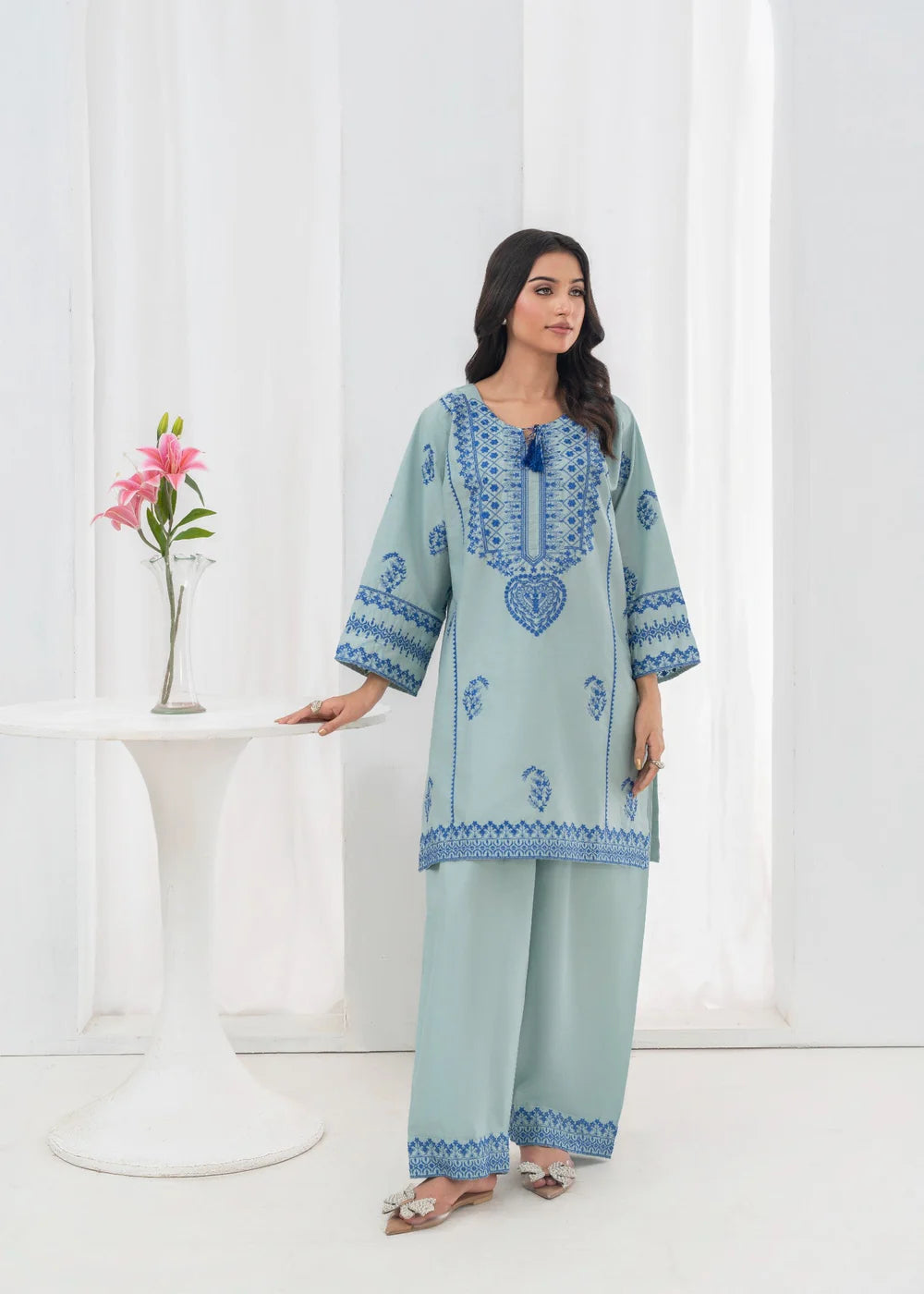 Pastel Green Embroidered 2-Piece Kurta Set with Farshi Shalwar