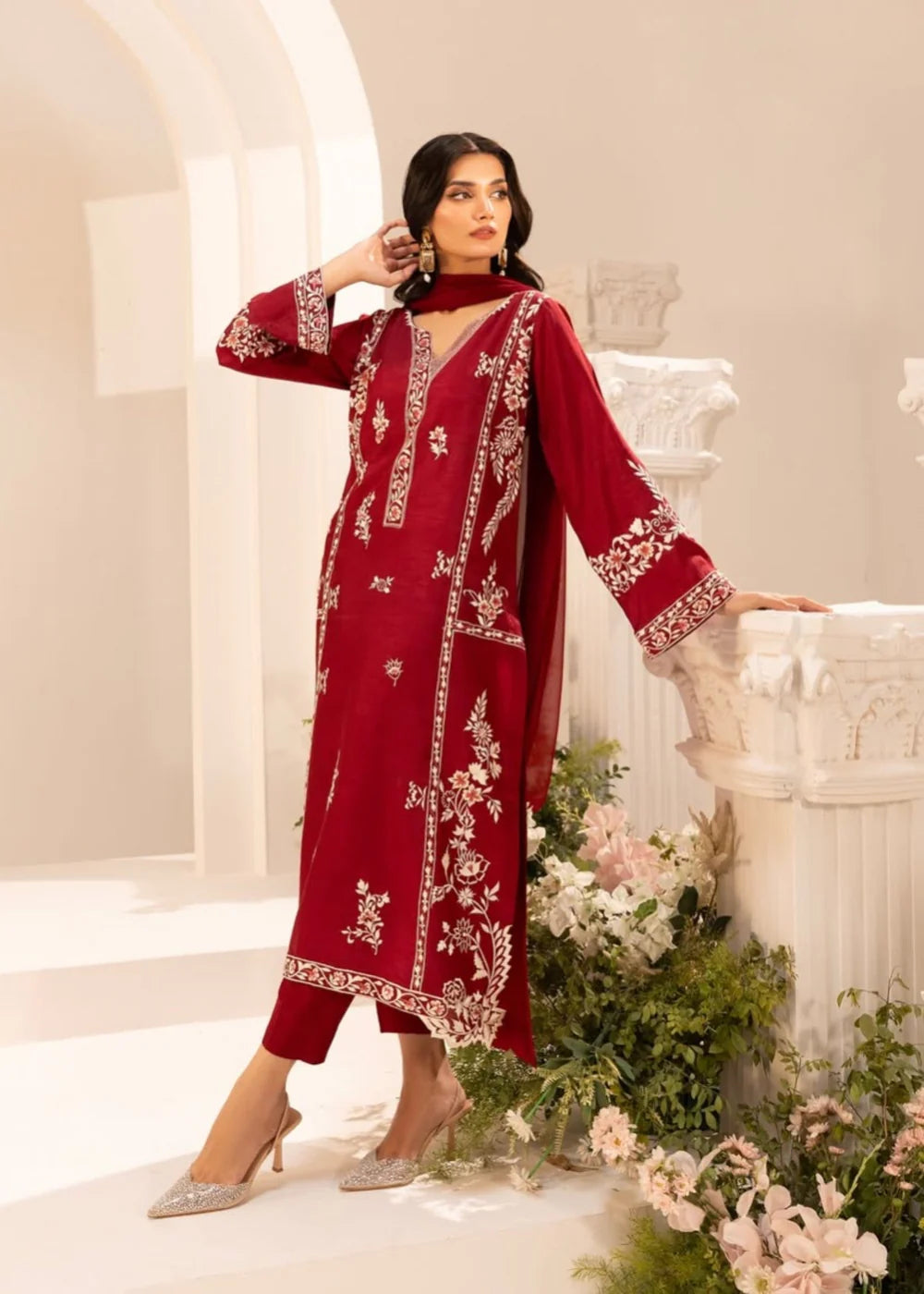 Women’s Red Embroidered Cotton Kurta Set with Straight Trouser