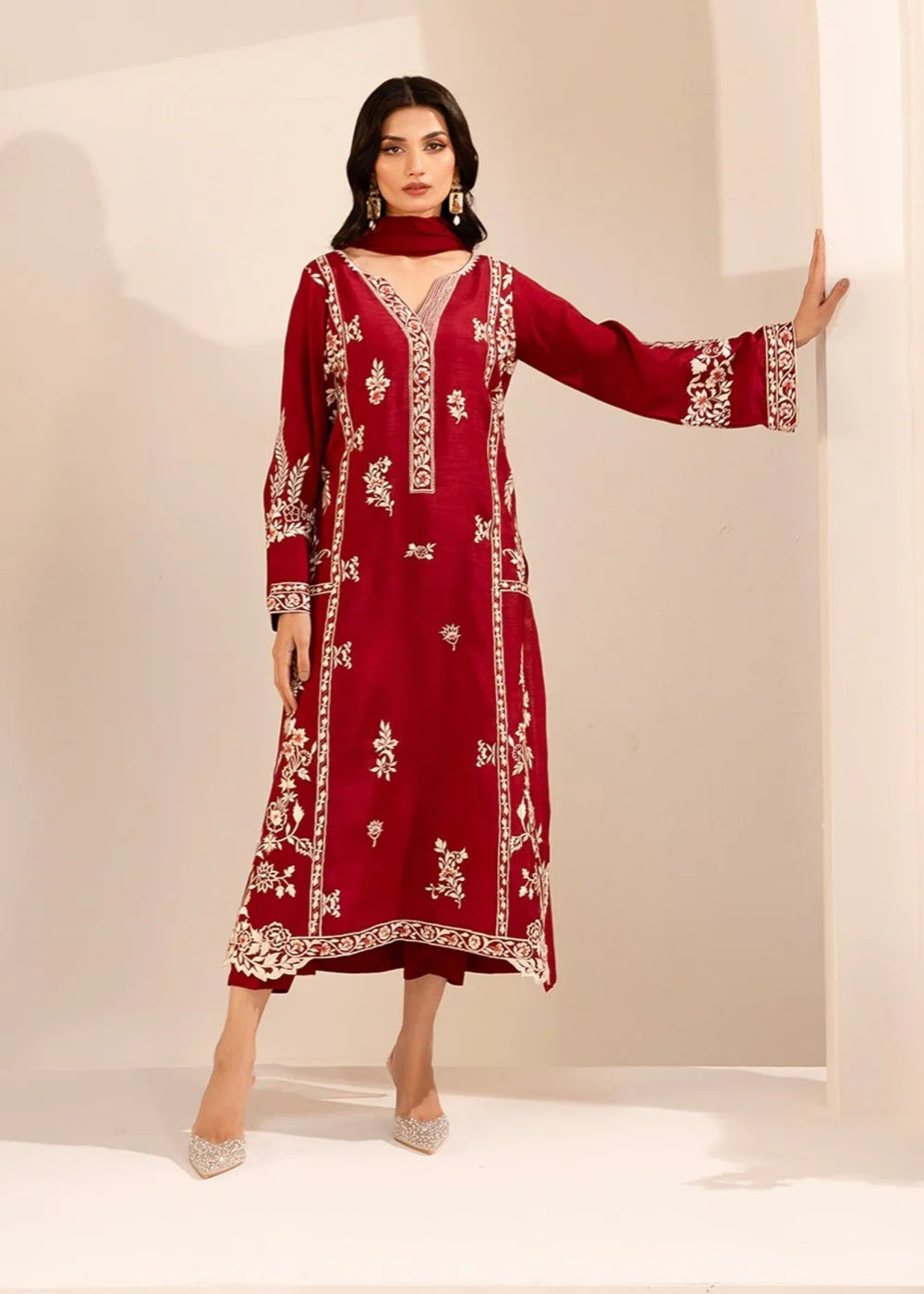 Women’s Red Embroidered Cotton Kurta Set with Straight Trouser