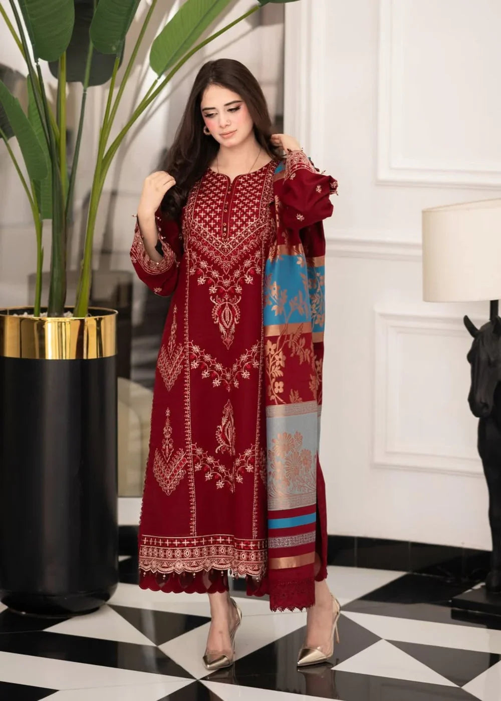 Women’s Maroon 3-Piece Embroidered Linen Kurta Set