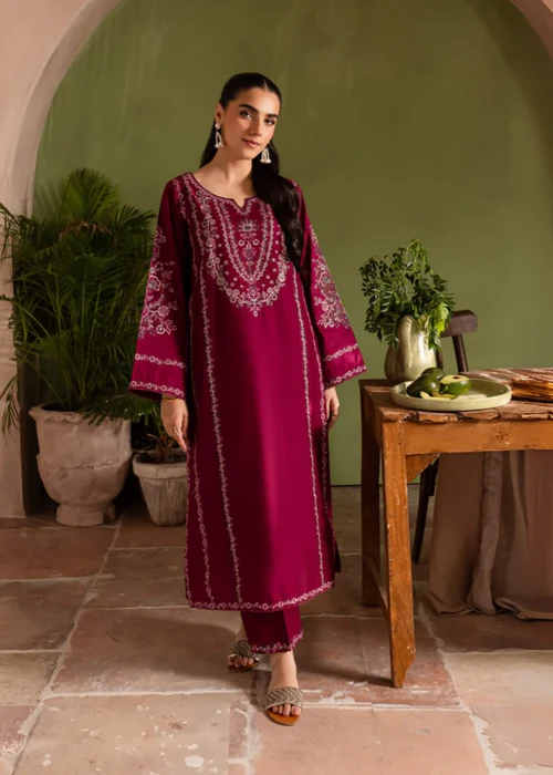 Rose Red Embroidered 2-Piece Cotton Kurta Set