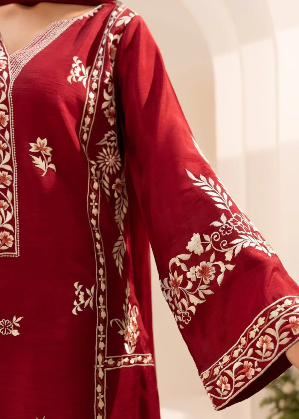 Women’s Red Embroidered Cotton Kurta Set with Straight Trouser