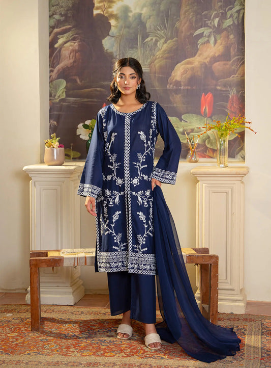 Navy Cut Stylish Embroidery 3PCS Summer Lawn Dress T