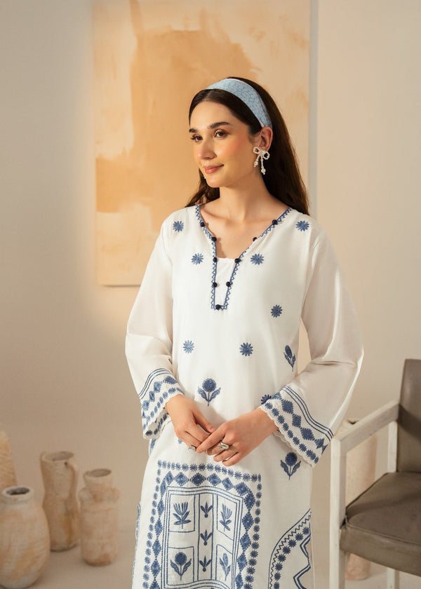 Women’s White Embroidered Cotton Kurta Set with Straight Trousers