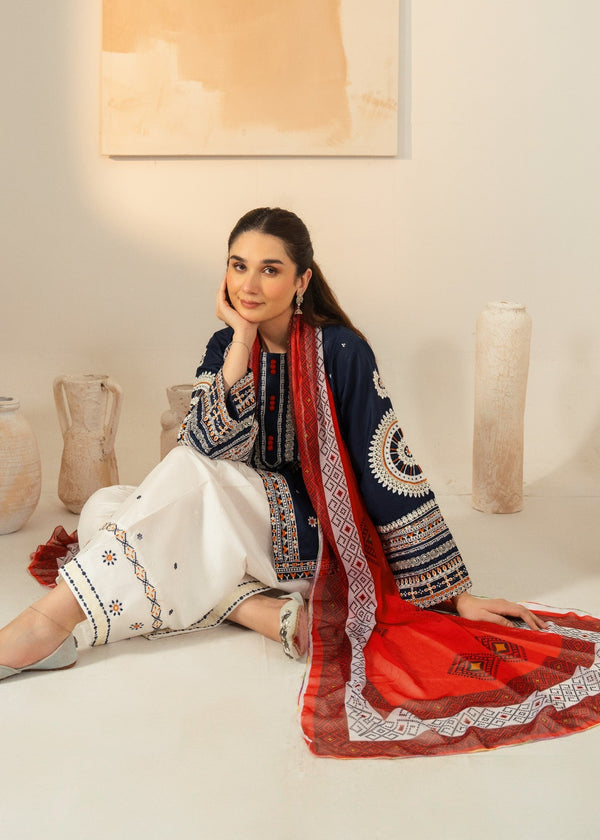 Women’s Navy Blue Embroidered Cotton Kurta Set