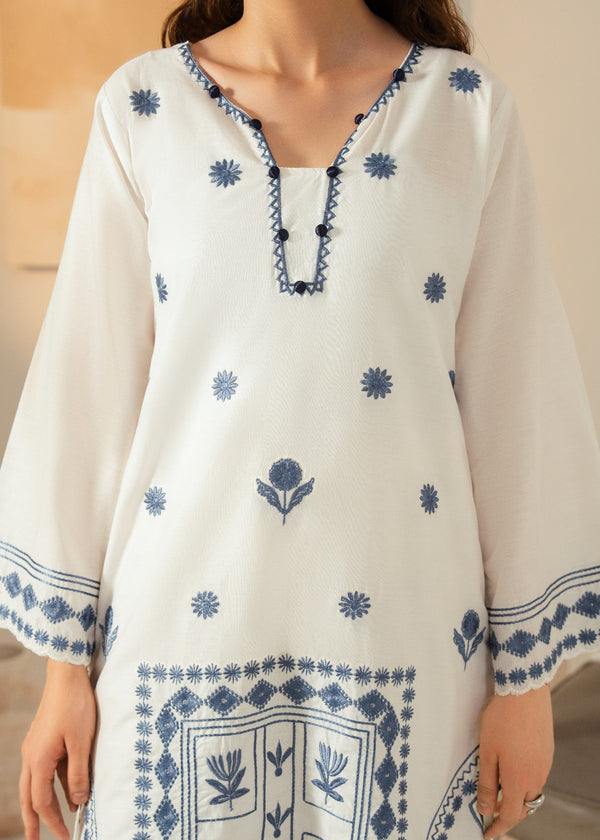 Women’s White Embroidered Cotton Kurta Set with Straight Trousers