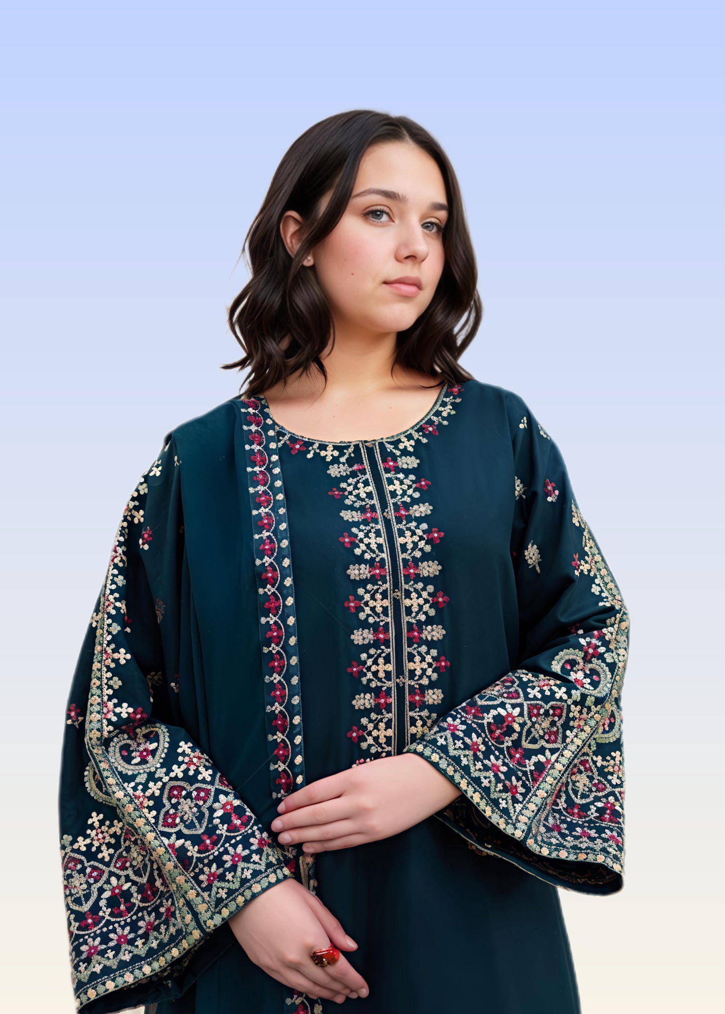 Aadab Teal Embroidered 3 Piece Cotton Kurta Set