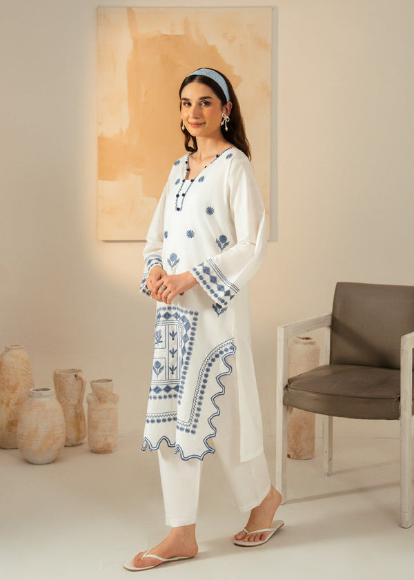 Women’s White Embroidered Cotton Kurta Set with Straight Trousers