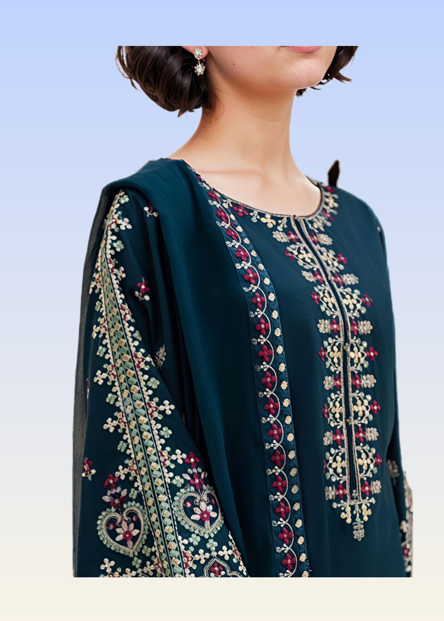 Aadab Teal Embroidered 3 Piece Cotton Kurta Set