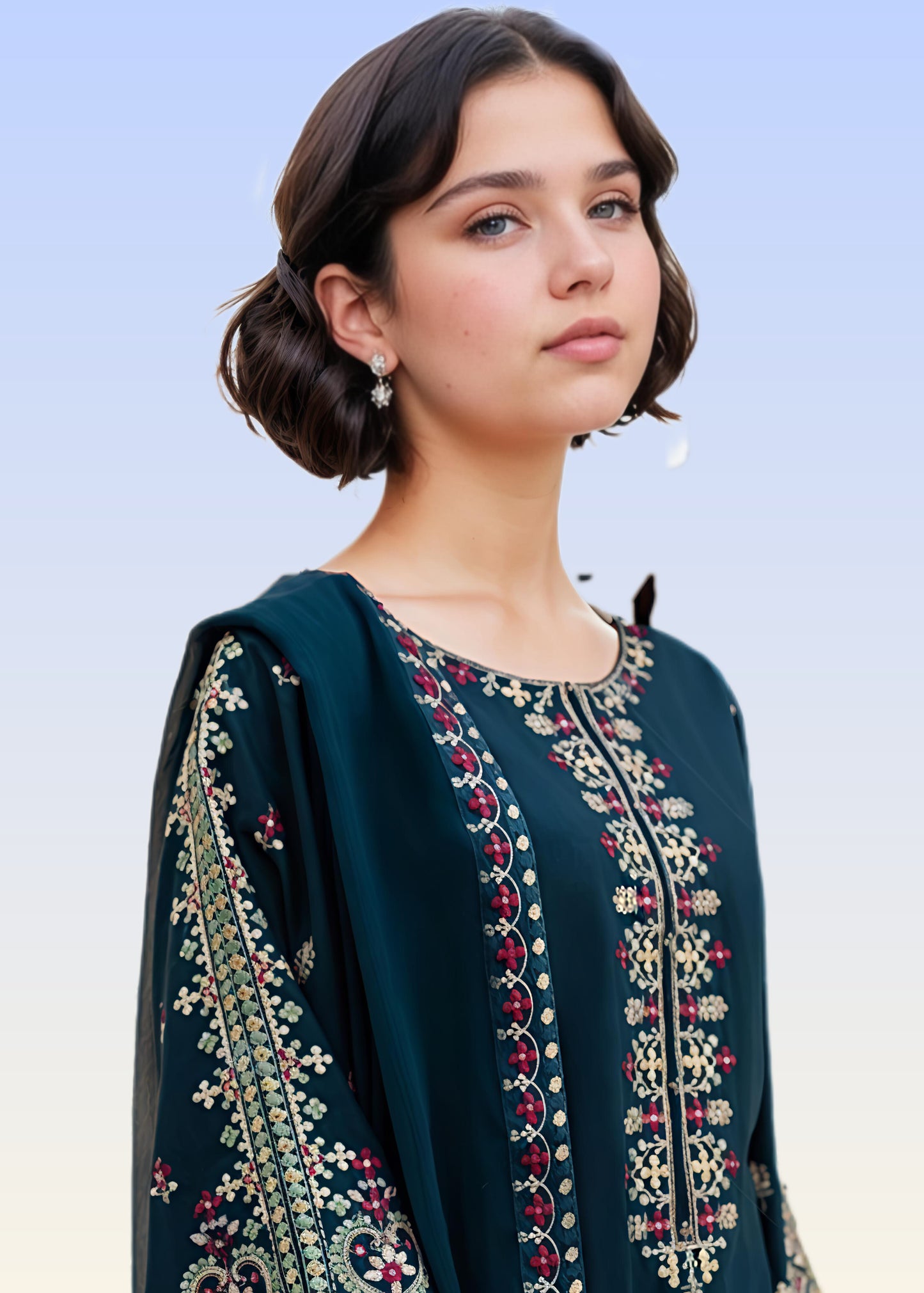 Aadab Teal Embroidered 3 Piece Cotton Kurta Set