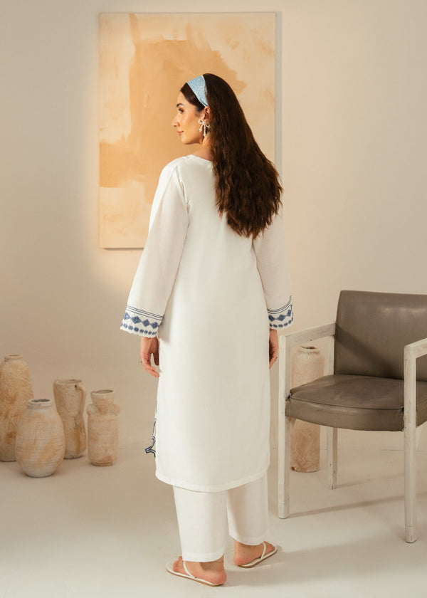 Women’s White Embroidered Cotton Kurta Set with Straight Trousers