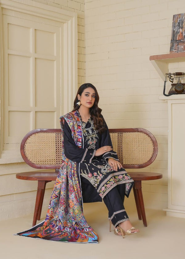 Black Embroidered Linen Kurta Set for Women – 3 Piece