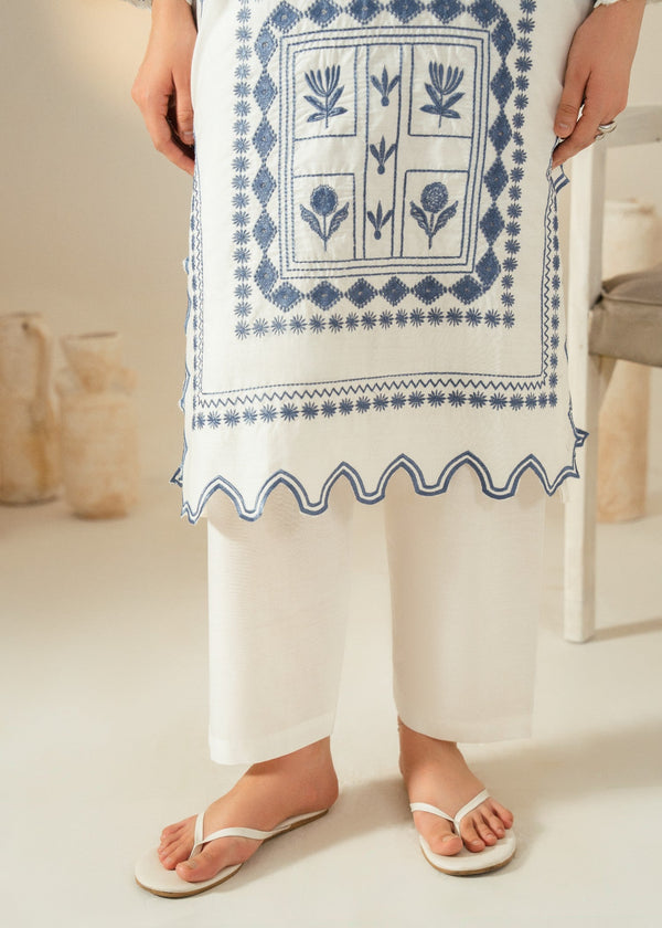 Women’s White Embroidered Cotton Kurta Set with Straight Trousers