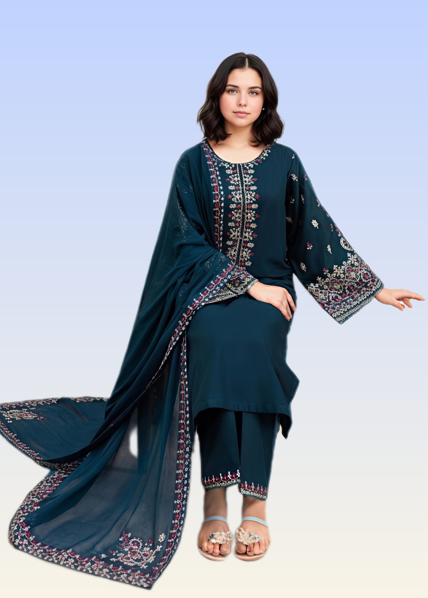 Aadab Teal Embroidered 3 Piece Cotton Kurta Set