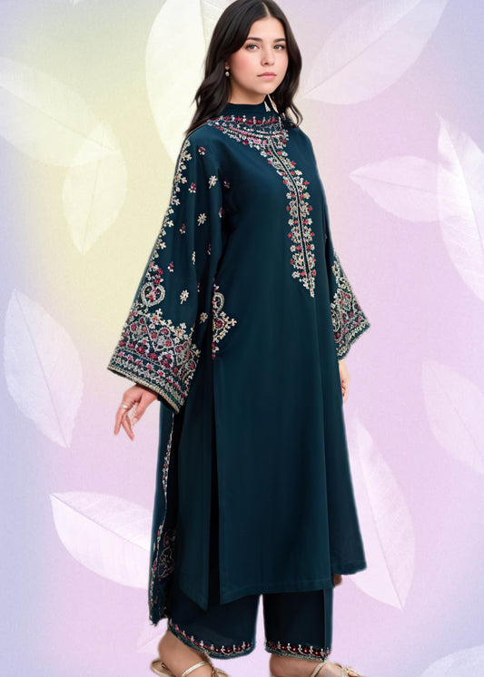 Aadab Teal Embroidered 3 Piece Cotton Kurta Set