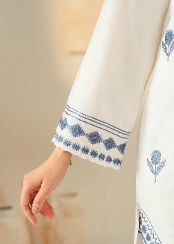 Women’s White Embroidered Cotton Kurta Set with Straight Trousers