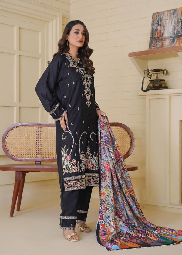 Black Embroidered Linen Kurta Set for Women – 3 Piece