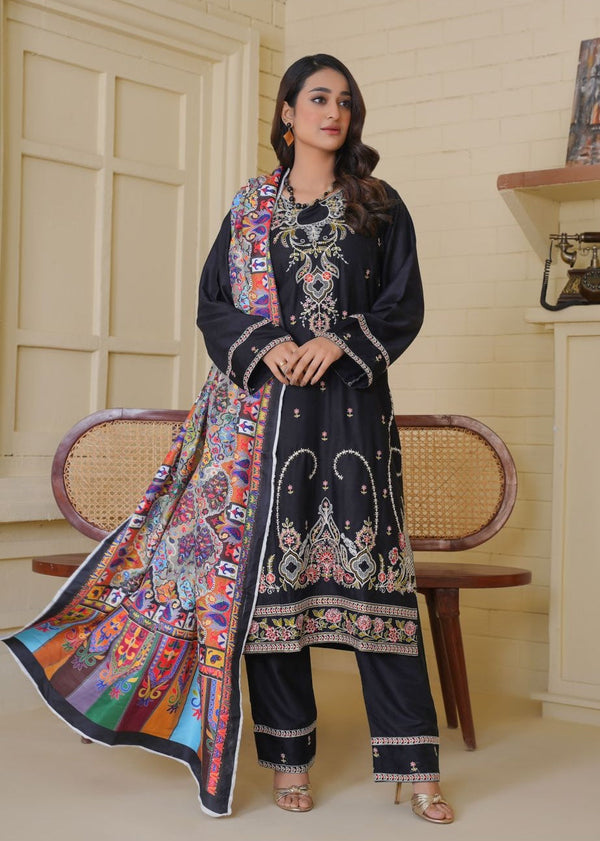 Black Embroidered Linen Kurta Set for Women – 3 Piece