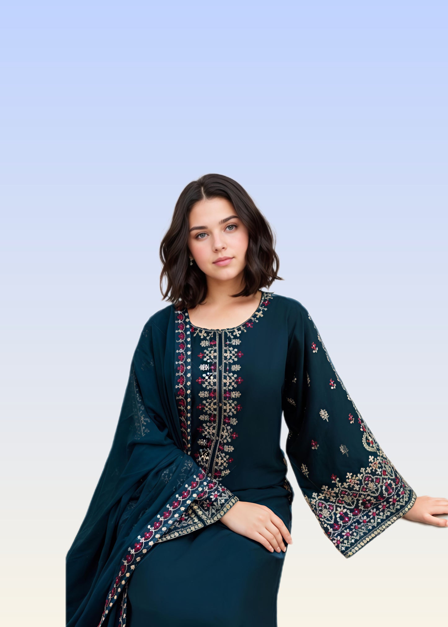 Aadab Teal Embroidered 3 Piece Cotton Kurta Set