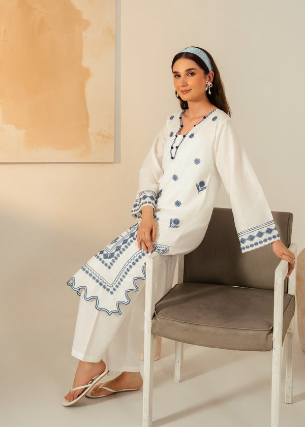 Women’s White Embroidered Cotton Kurta Set with Straight Trousers