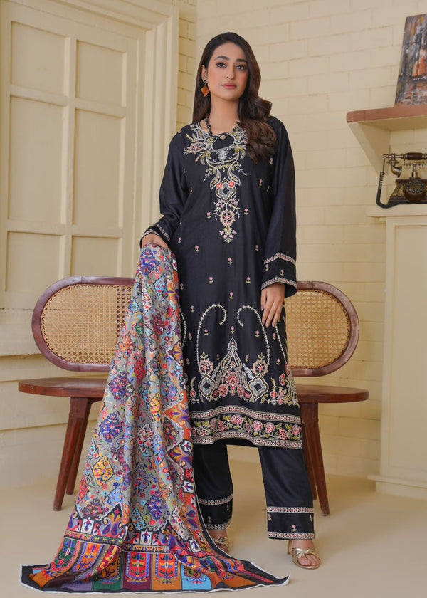 Black Embroidered Linen Kurta Set for Women – 3 Piece
