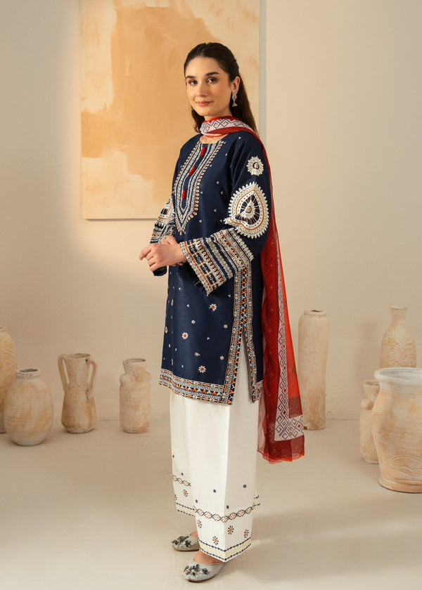 Women’s Navy Blue Embroidered Cotton Kurta Set