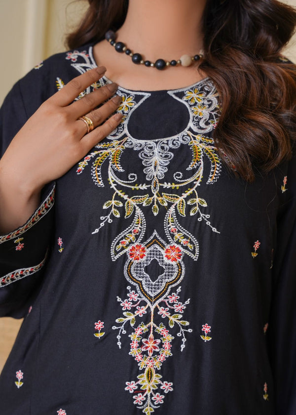 Black Embroidered Linen Kurta Set for Women – 3 Piece