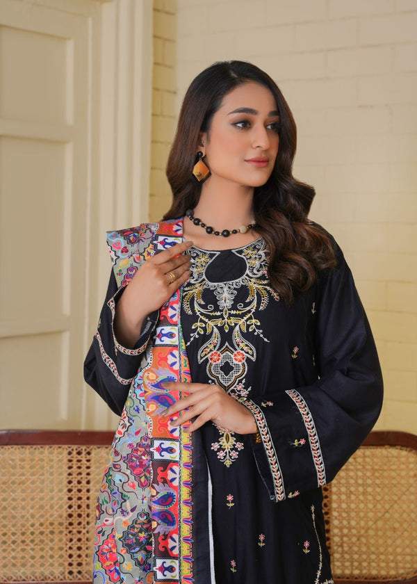 Black Embroidered Linen Kurta Set for Women – 3 Piece