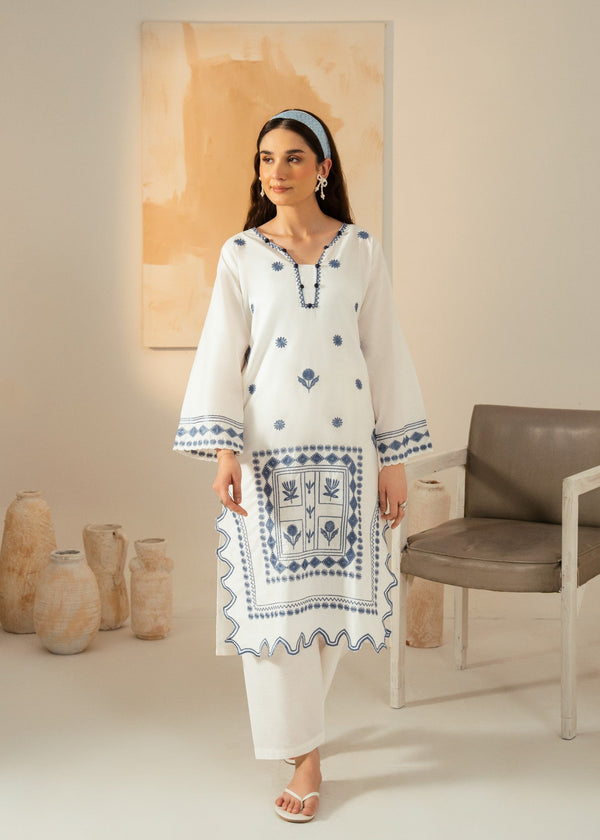 Women’s White Embroidered Cotton Kurta Set with Straight Trousers